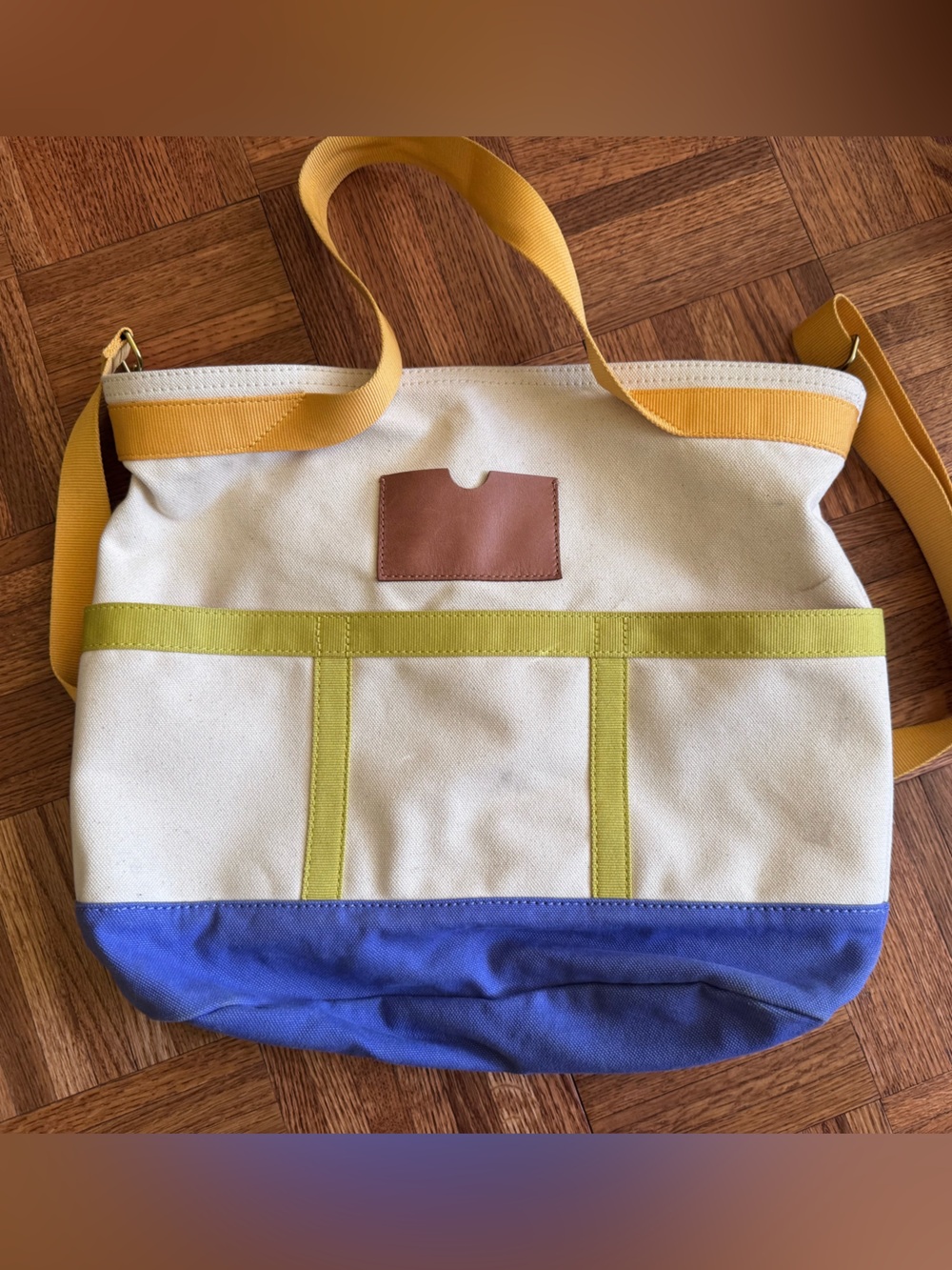 Madewell Canvas Crossbody Tote Bag in White with Blue and Yellow Accents